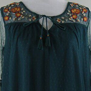 Mudd Women's Green Long-Sleeve & Sheer Floral Pullover Lined Top Size S (C1812)